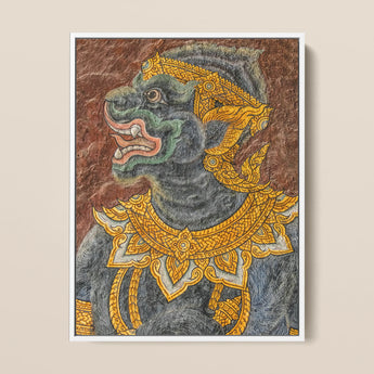 Monkey do too - Thai Mural Art Print / Canvas Framed Artwork Dark Green Ornately Adorned Mythical Creature Jade-hued Simian Deity, Ramakien
