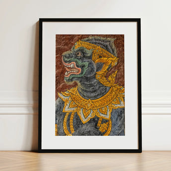 Monkey do too - Thai Mural Art Print / Canvas Framed Artwork Dark Green Ornately Adorned Mythical Creature Jade-hued Simian Deity, Ramakien