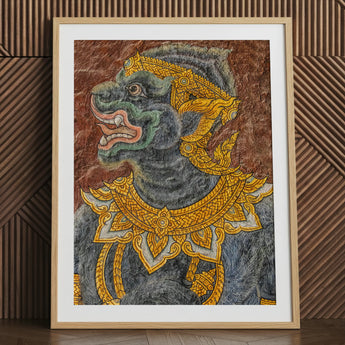 Monkey do too - Thai Mural Art Print / Canvas Framed Artwork Detailed Dark Gray Green Mythological Creature Jade-hued Simian Deity,