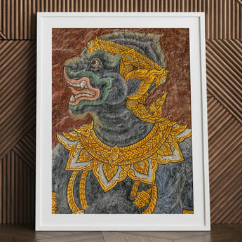 Monkey do too - Thai Mural Art Print / Canvas Framed Artwork Detailed Ornate Depiction Dark Green Black Jade-hued Simian Deity, Ramakien