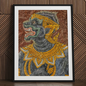 Monkey do too - Thai Mural Art Print / Canvas Framed Artwork Detailed Ornate Guardian Figure Green Gray Jade-hued Simian Deity, Ramakien