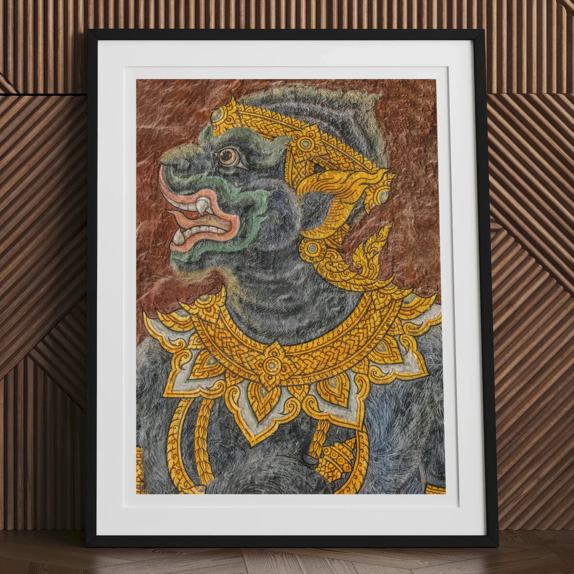 Monkey do too Thai Mural Art Print, Framed Artwork Mythical Creature Dark Face Ornate Golden