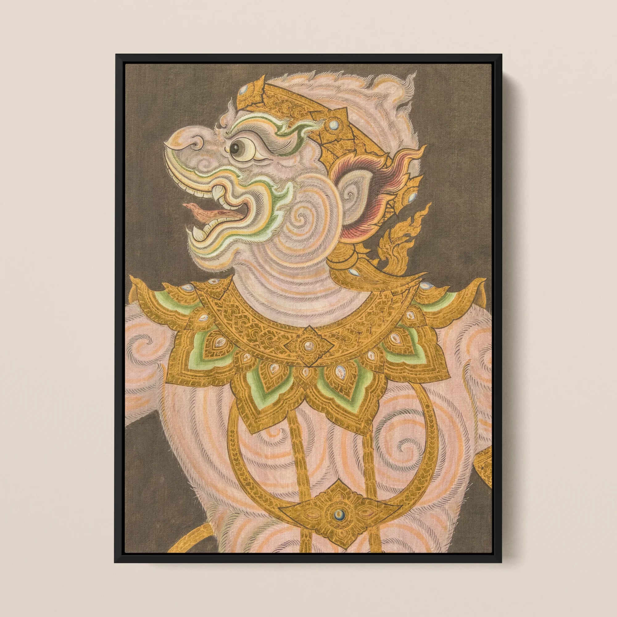 Monkey do Traditional Thai Myth Framed Canvas, Ornate Thai Style Mythological Figure Painting Intricate Gold Pastel