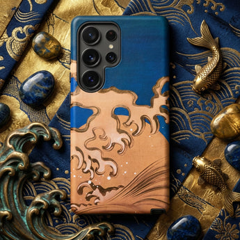 Moon and Waves - Suzuki Kiitsu Phone Case Blue Tan Leather Phone Case Intricate Wave Design Suzuki Kiitsu Iphone Case, Foam Coils Upward,