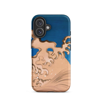 Moon and Waves - Suzuki Kiitsu Phone Case Iphone 16 / Matte Blue Tan Phone Case Suzuki Kiitsu Iphone Case, Foam Coils Upward, Incense Smoke