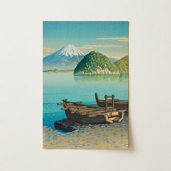 Serene Japanese Landscape Print Mount Fuji Wooden Boat Kawase Hasui, Morning Breaks Low, Water Holds Two, Colors, Single Limestone