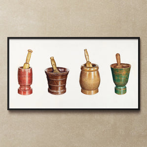 Mortar & Pestles - Elizabeth Moutal 1930s Art Print / Canvas Framed Artwork Four Colorful Pestle Sets Row, Culinary Alchemist’s Arsenal,