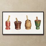 Mortar & Pestles - Elizabeth Moutal 1930s Art Print / Canvas Framed Artwork Four Colorful Pestle Sets Row, Culinary Alchemist’s Arsenal,