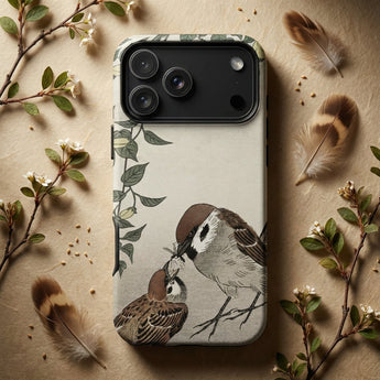 Mother Feeding Her Chicks - Ohara Koson Japanese Bird Phone Case Beige Phone Case Detailed Illustration Two Sparrows Brown Ohara Koson