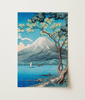 Rectangular Japanese Woodblock Print Mount Fuji Snow-capped Peak Lake Yamanaka, Takahashi Shotei Art, Boatman Leans, Mountain