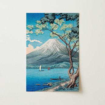 Rectangular Japanese Woodblock Print Mount Fuji Snow-capped Peak Lake Yamanaka, Takahashi Shotei Art, Boatman Leans, Mountain