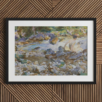 Mountain Stream - John Singer Sargent Art Print / Canvas Black-framed Watercolor Painting Nude Figure Rocky Soft, Rushing Spine Breaks, Raw