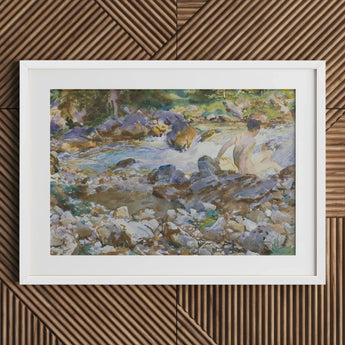 Mountain Stream - John Singer Sargent Art Print / Canvas White-framed Watercolor Painting Nude Figure Rocky, Rushing Spine Breaks, Raw