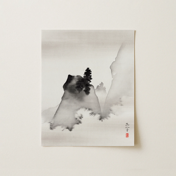 Minimalist Black-and-white Ink Painting Paper Misty Mountains Solitary Three Evening Scenes, Suzuki Kiitsu, Art, Print, Wet Silk,