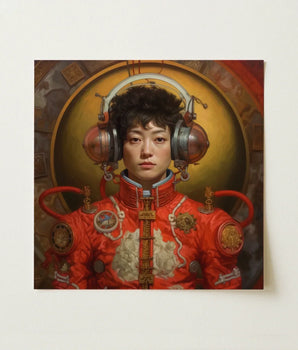 Vividly Painted Portrait Woman Ornate Red High-collared Garment Gay Chinese Astronaut, Aesthetic, Meet Mùchén