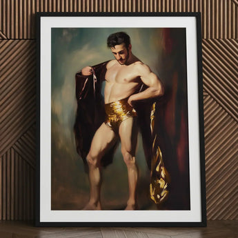 Muscle Mary - Neoclassical Gay Male Art Print / Canvas Framed Classical-style Painting Muscular Man Gold-leafed Shorts Draped, Queer