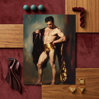 Muscle Mary - Neoclassical Gay Male Art Print / Canvas Framed Classical-style Painting Muscular Man Golden Shorts Dark, Queer Masculine