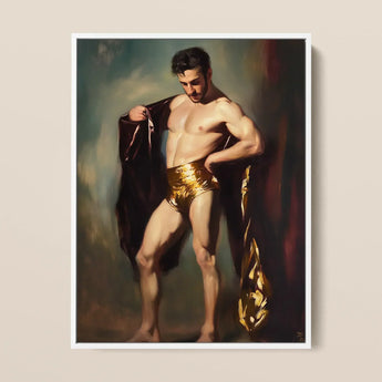 Muscle Mary - Neoclassical Gay Male Art Print / Canvas Framed Classical-style Painting Muscular Man Golden Shorts Dark, Queer Masculine