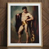 Muscle Mary - Neoclassical Gay Male Art Print / Canvas Framed Painting Muscular Man Gold Shorts Dark Robe, Queer Masculine Power, Prints
