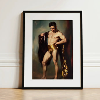 Muscle Mary - Neoclassical Gay Male Art Print / Canvas Framed Painting Muscular Man Golden Shorts Draped Fabric, Queer Masculine Power,
