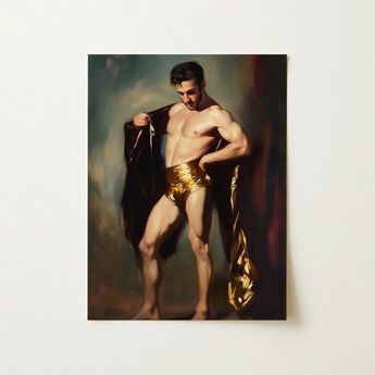 Muscle Mary - Neoclassical Gay Male Art Print / Canvas Muscular Man Golden Metallic Draped Dark Velvet Cloak, Queer Masculine Power, Prints