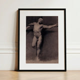 Naked Male Study for a Crucifixion - Fortuny Nu Art Print / Canvas Black-framed Monochromatic Sketch Muscular Bearded Man Mariano Marsal,