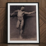 Naked Male Study for a Crucifixion - Fortuny Nu Art Print / Canvas Black-framed Monochromatic Sketch Muscular Nude Mariano Marsal, Pressed,