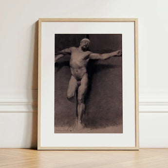 Naked Male Study for a Crucifixion - Fortuny Nu Art Print / Canvas Framed Charcoal Muscular Nude Figure Dynamic Pose Mariano Marsal,