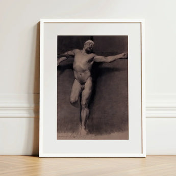 Naked Male Study for a Crucifixion - Fortuny Nu Art Print / Canvas Framed Charcoal Sketch Muscular Nude Figure Dynamic Mariano Marsal,