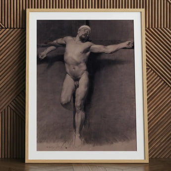 Naked Male Study for a Crucifixion - Fortuny Nu Art Print / Canvas Framed Monochrome Muscular Figure Dynamic Pose Mariano Marsal, Pressed,