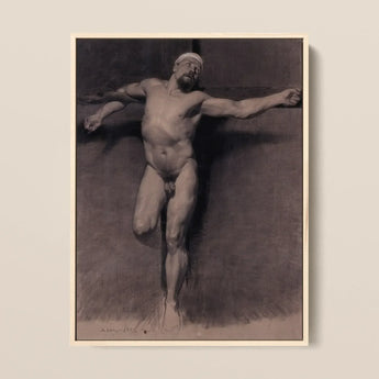 Naked Male Study for a Crucifixion - Fortuny Nu Art Print / Canvas Framed Monochrome Muscular Figure Dynamic Pose Mariano Marsal, Pressed,