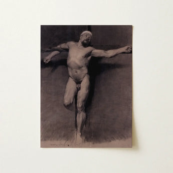 Naked Male Study for a Crucifixion - Fortuny Nu Art Print / Canvas Monochromatic Charcoal Sketch Muscular Nude Figure Arms Mariano Marsal,