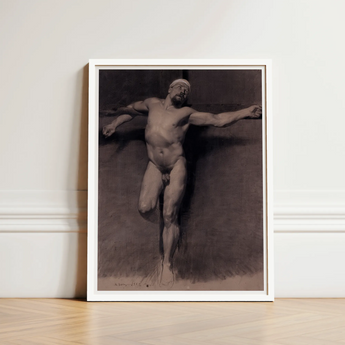 Naked Male Study for a Crucifixion - Fortuny Nu Art Print / Canvas Framed Monochrome Muscular Figure Dynamic Pose Mariano Marsal, Pressed,
