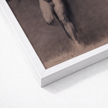 Naked Male Study for a Crucifixion - Fortuny Nu Art Print / Canvas Framed Sepia-toned Sketch Muscular Legs White Frame Mariano Marsal,