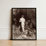 Naked Man Entering a Cave - Wilhelm Von Gloeden Art Print / Canvas Black-framed Sepia-toned Photographic Nude Figure Dog Outdoor, Mythic