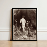 Naked Man Entering a Cave - Wilhelm Von Gloeden Art Print / Canvas Black-framed Black-and-white Photographic Nude Figure Dog Outdoor,