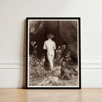 Naked Man Entering a Cave - Wilhelm Von Gloeden Art Print / Canvas Black-framed Black-and-white Photographic Nude Figure Dog Outdoor,