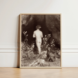 Naked Man Entering a Cave - Wilhelm Von Gloeden Art Print / Canvas Minimalist Wooden-framed Black-and-white Photographic Nude Figure Dog,
