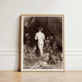 Naked Man Entering a Cave - Wilhelm Von Gloeden Art Print / Canvas Framed Black-and-white Photograph Nude Figure Entrance Delicate, Mythic