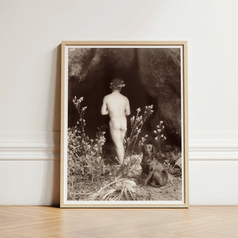Naked Man Entering a Cave - Wilhelm Von Gloeden Art Print / Canvas Framed Black-and-white Photograph Nude Figure Entrance Delicate, Mythic