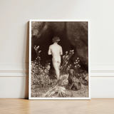 Naked Man Entering a Cave - Wilhelm Von Gloeden Art Print / Canvas Framed Black-and-white Photographic Nude Figure Dog Outdoor, Mythic