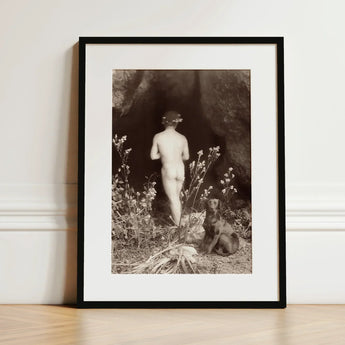 Naked Man Entering a Cave - Wilhelm Von Gloeden Art Print / Canvas Black-framed Sepia-toned Photograph Nude Figure Flowers, Mythic