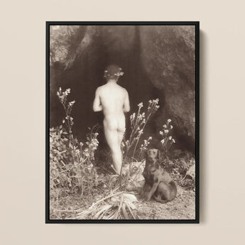 Naked Man Entering a Cave - Wilhelm Von Gloeden Art Print / Canvas Black-framed Sepia-toned Photographic Nude Figure Floral Crown, Mythic