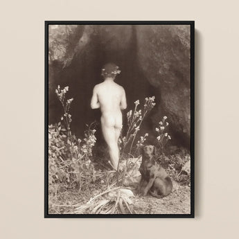 Naked Man Entering a Cave - Wilhelm Von Gloeden Art Print / Canvas Black-framed Sepia-toned Photographic Print Nude Figure Floral Crown