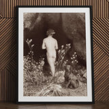 Naked Man Entering a Cave - Wilhelm Von Gloeden Art Print / Canvas Black-framed White-matted Sepia-toned Nude Figure Floral, Mythic