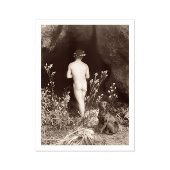 Naked Man Entering a Cave - Wilhelm Von Gloeden Art Print / Canvas Black White Artistic Nude Photograph Dog Companion Among, Mythic