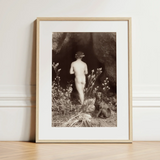 Naked Man Entering a Cave - Wilhelm Von Gloeden Art Print / Canvas Framed Black-and-white Photographic Print Nude Figure Dog Outdoor