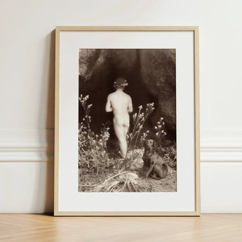 Naked Man Entering a Cave - Wilhelm Von Gloeden Art Print / Canvas Framed Black-and-white Photographic Nude Figure Dog Outdoor, Mythic