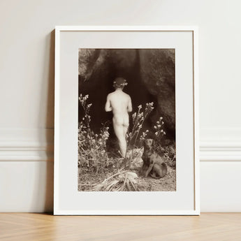 Naked Man Entering a Cave - Wilhelm Von Gloeden Art Print / Canvas Framed Black-and-white Photographic Nude Figure Dog Outdoor, Mythic