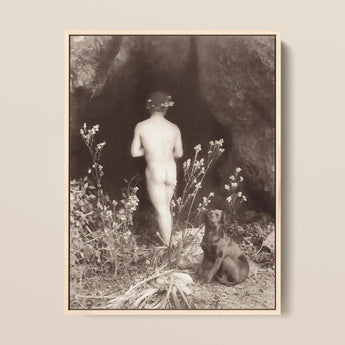 Naked Man Entering a Cave - Wilhelm Von Gloeden Art Print / Canvas Framed Black-and-white Photographic Print Nude Figure Floral Crown